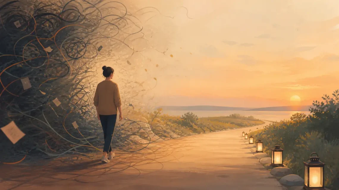 Editorial illustration of a person moving from anxious storm lines toward a calm horizon
