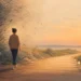 Editorial illustration of a person moving from anxious storm lines toward a calm horizon