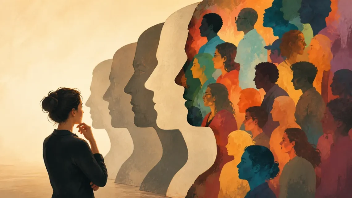 Editorial illustration of rigid stereotypes breaking into nuanced human identities