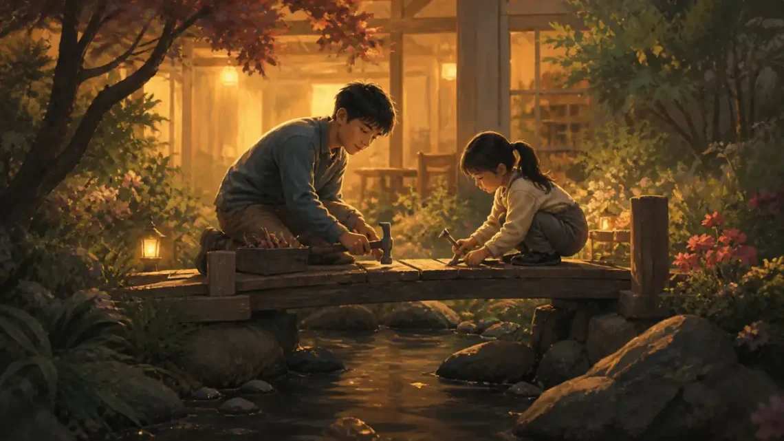 Editorial illustration of siblings repairing a bridge and rebuilding connection