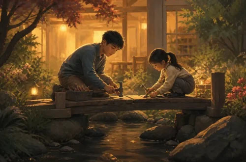 Editorial illustration of siblings repairing a bridge and rebuilding connection