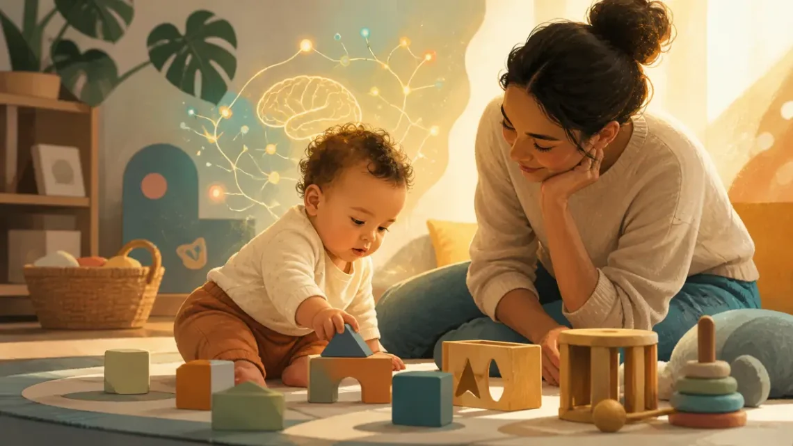 Editorial illustration of a baby exploring playful objects and early brain development