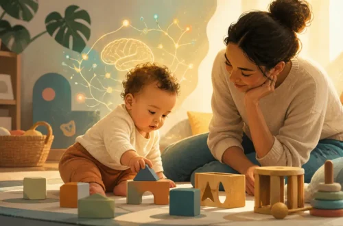 Editorial illustration of a baby exploring playful objects and early brain development