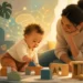 Editorial illustration of a baby exploring playful objects and early brain development