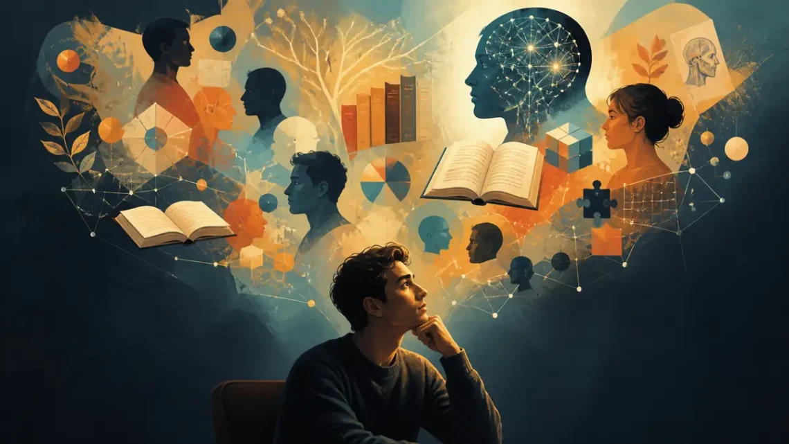 Editorial illustration of human intelligence as a network of minds and connected ideas