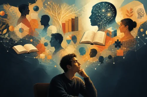 Editorial illustration of human intelligence as a network of minds and connected ideas