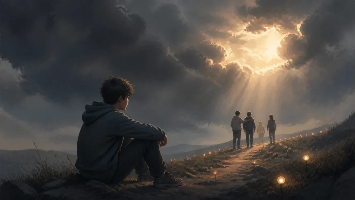 Sensitive editorial illustration of a teenager finding support beneath a heavy sky