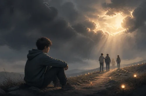 Sensitive editorial illustration of a teenager finding support beneath a heavy sky