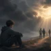 Sensitive editorial illustration of a teenager finding support beneath a heavy sky