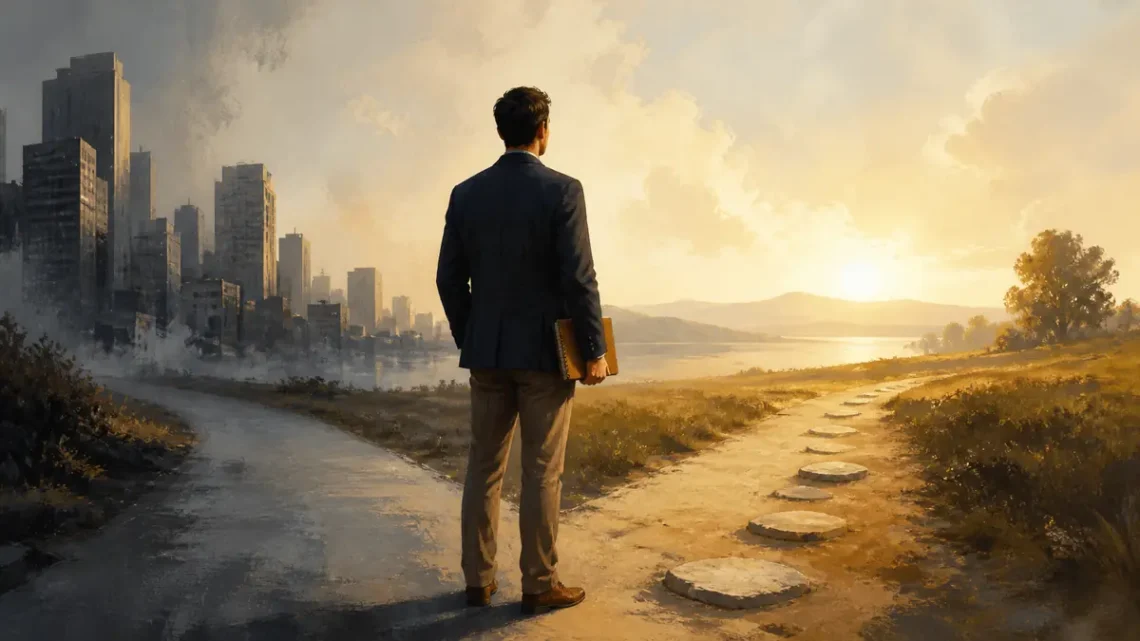 Editorial illustration of a professional navigating career anxiety at a crossroads