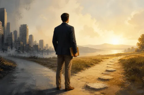 Editorial illustration of a professional navigating career anxiety at a crossroads