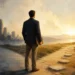 Editorial illustration of a professional navigating career anxiety at a crossroads