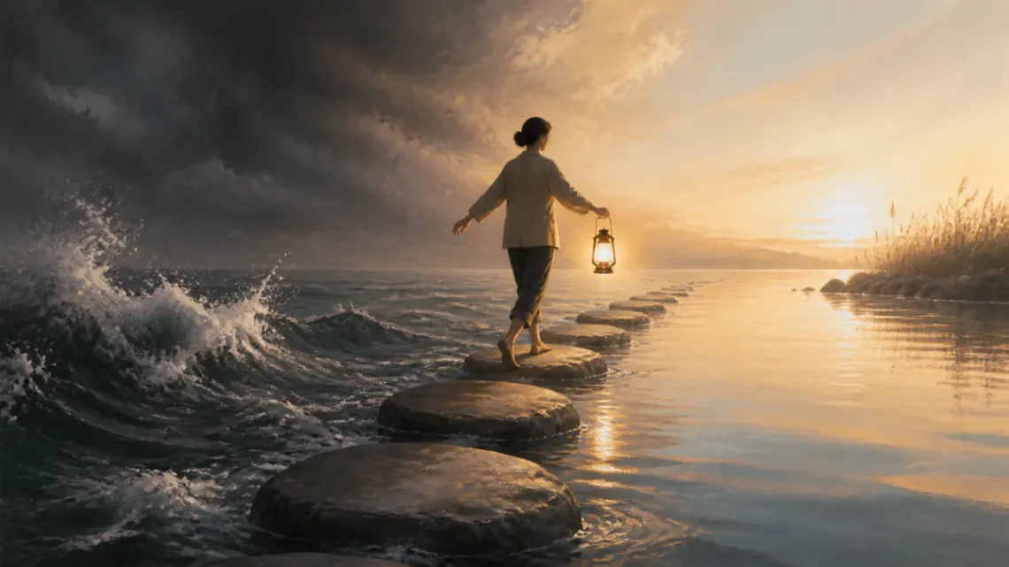 Editorial illustration of a person balancing across calm and turbulent waters for DBT skills