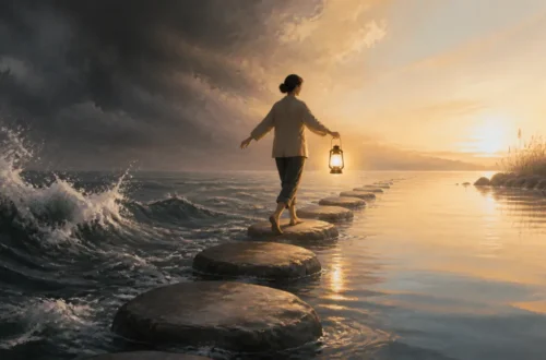 Editorial illustration of a person balancing across calm and turbulent waters for DBT skills