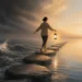 Editorial illustration of a person balancing across calm and turbulent waters for DBT skills