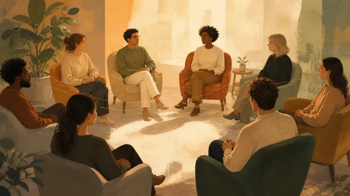 Editorial illustration of a diverse group sharing support in a warm therapy circle