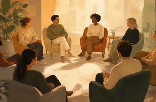 Editorial illustration of a diverse group sharing support in a warm therapy circle