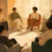Editorial illustration of a diverse group sharing support in a warm therapy circle