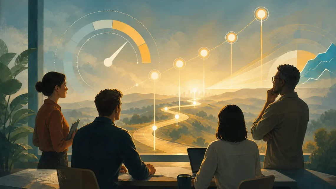 Editorial illustration of a team connecting business metrics to meaningful goals