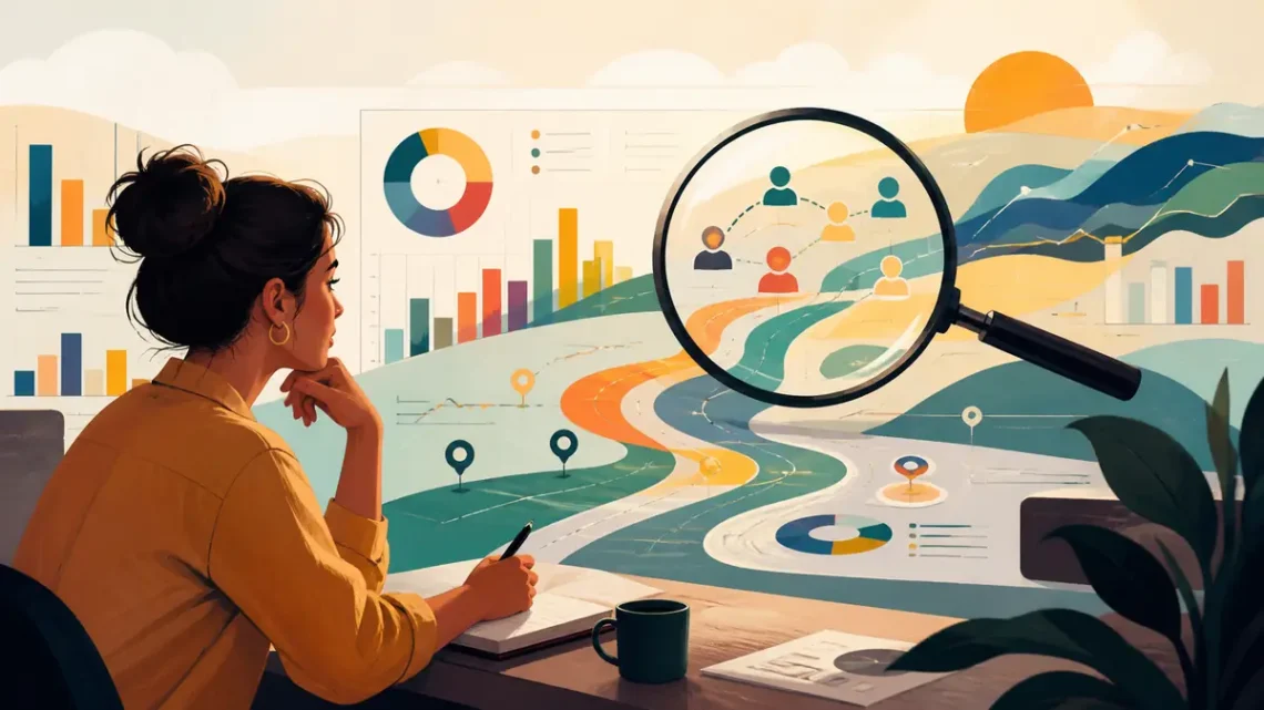 Editorial illustration of a marketing analyst discovering patterns in customer data