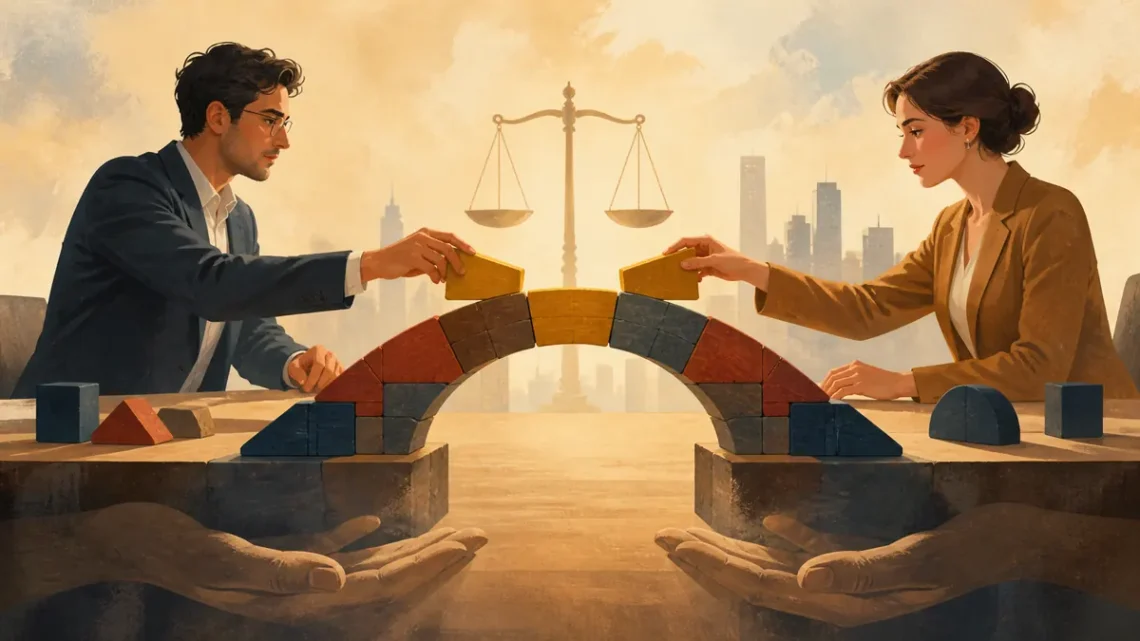 Editorial illustration of professionals building a balanced bridge through negotiation