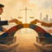 Editorial illustration of professionals building a balanced bridge through negotiation