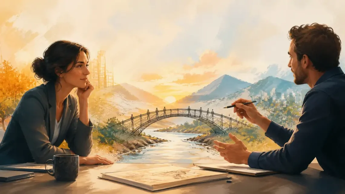 Editorial illustration of a consultative sales conversation building a bridge of trust