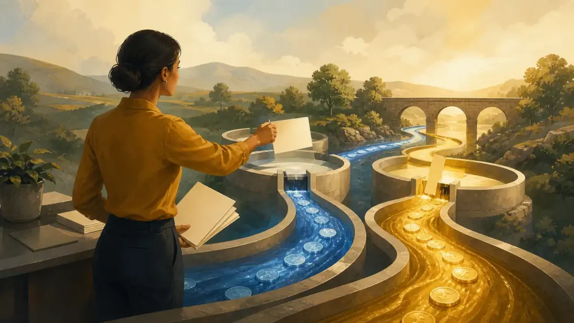 Editorial illustration of a business owner guiding steady cash flow through connected channels