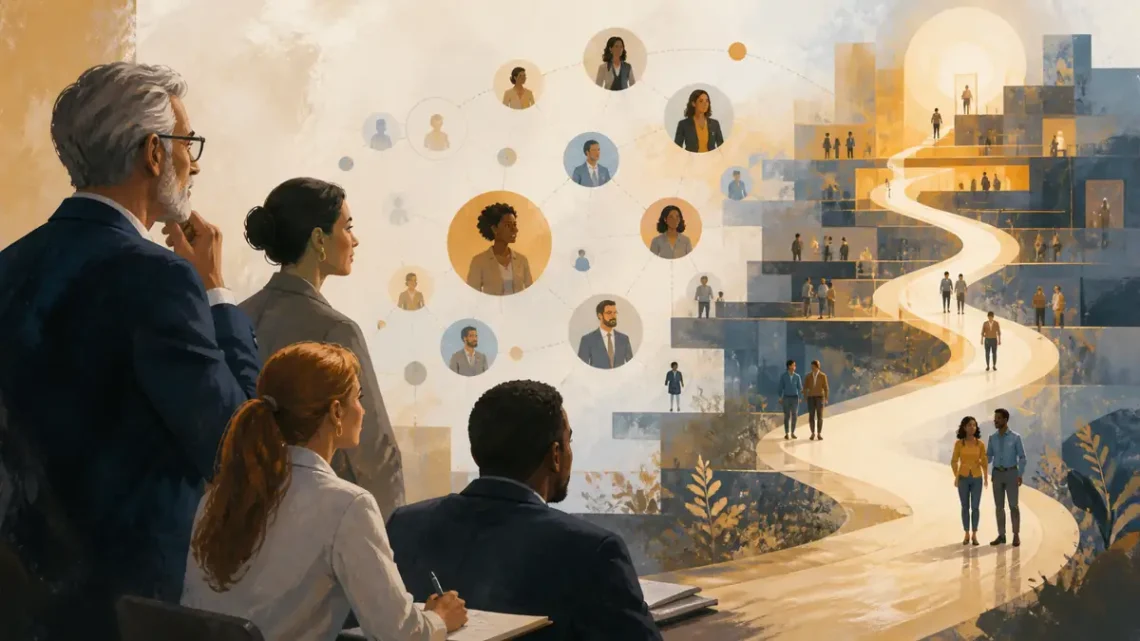 Editorial illustration of executives connecting talented people to the right roles