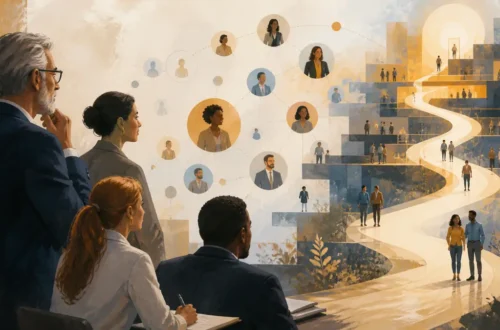 Editorial illustration of executives connecting talented people to the right roles