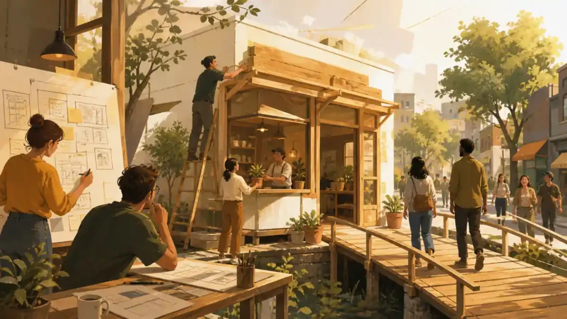 Editorial illustration of a small startup team building a new neighborhood business