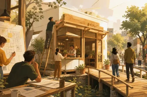 Editorial illustration of a small startup team building a new neighborhood business