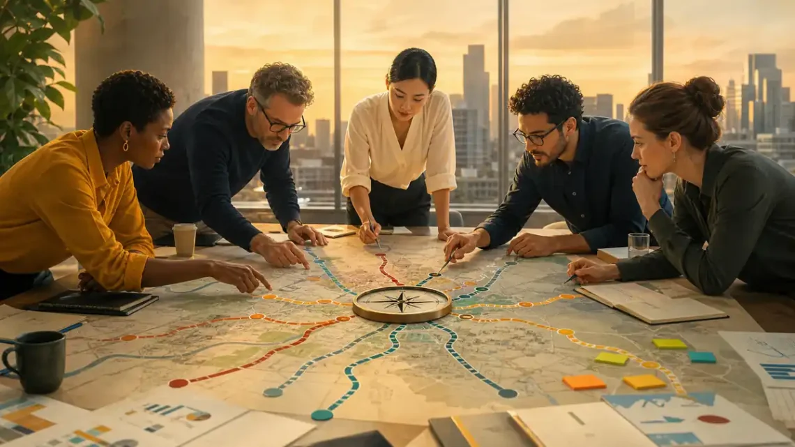 Editorial illustration of a business team aligning a shared strategy map