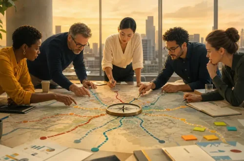 Editorial illustration of a business team aligning a shared strategy map