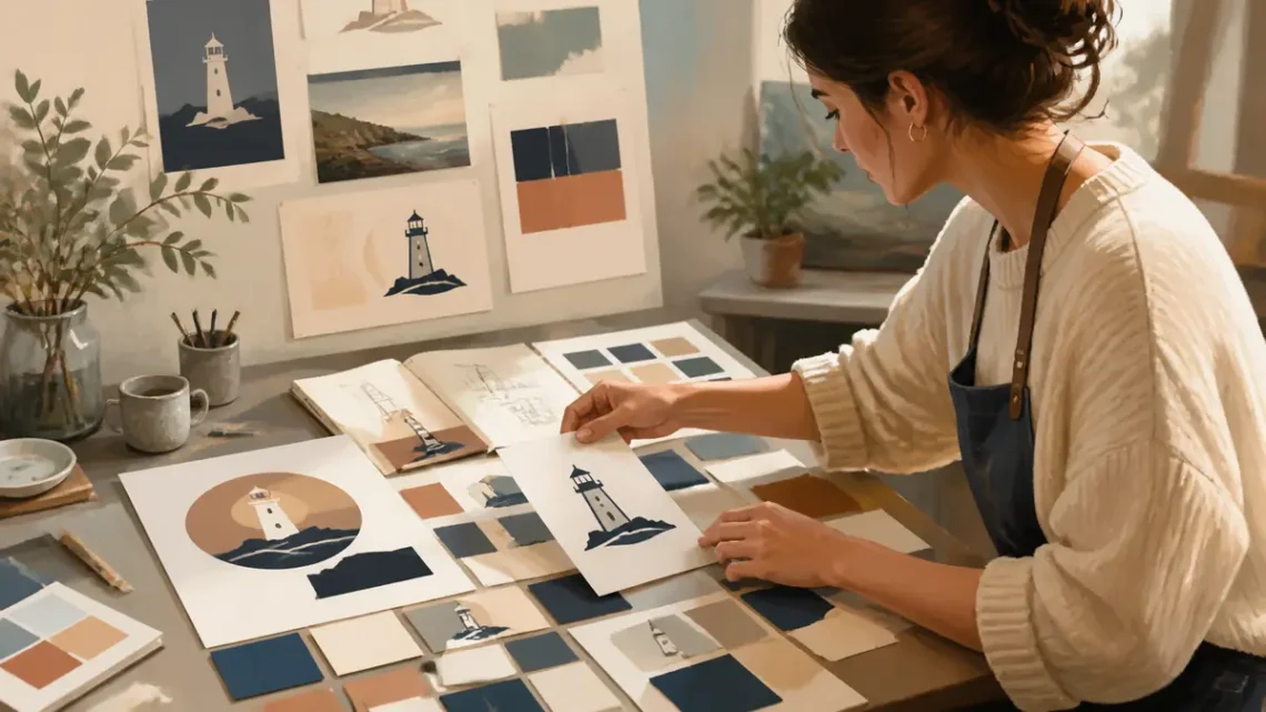 Editorial illustration of a beginner assembling the foundations of a clear brand identity