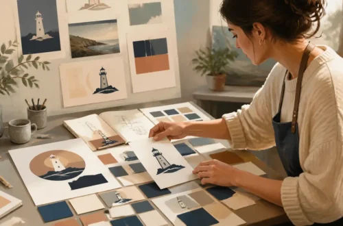 Editorial illustration of a beginner assembling the foundations of a clear brand identity
