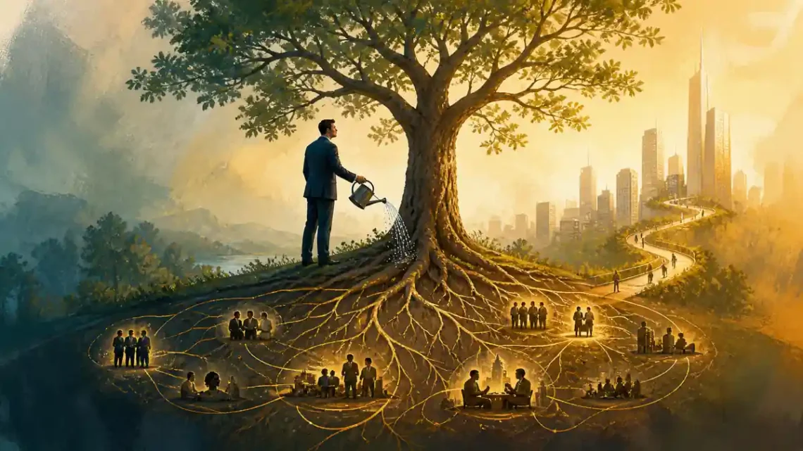 Editorial illustration of an executive cultivating sustainable business growth through connected roots