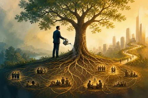 Editorial illustration of an executive cultivating sustainable business growth through connected roots