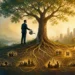 Editorial illustration of an executive cultivating sustainable business growth through connected roots