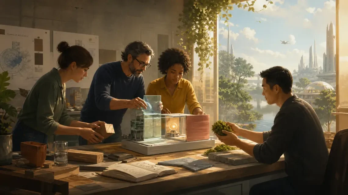 Editorial illustration of professionals building an innovative prototype together